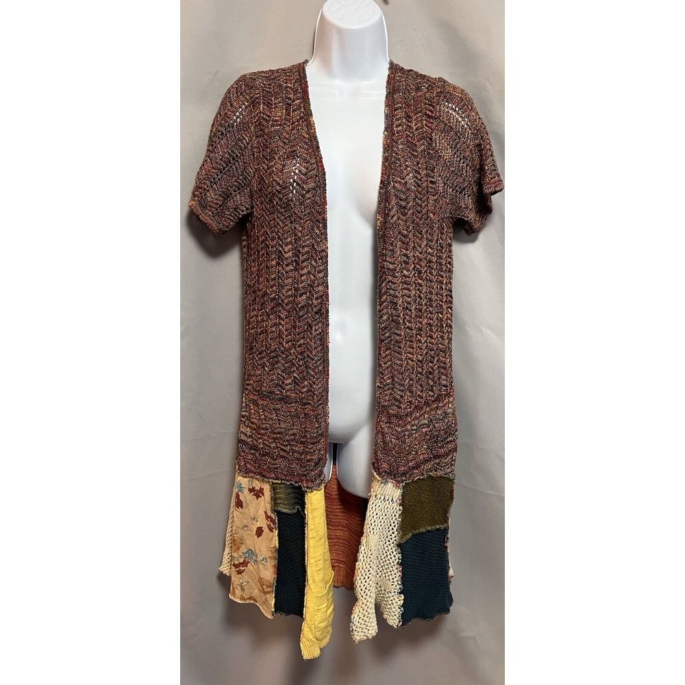 Upcycle by Jelbel Boho Wearable Art Lagenlook Long Open Knit Cardigan Multicolor